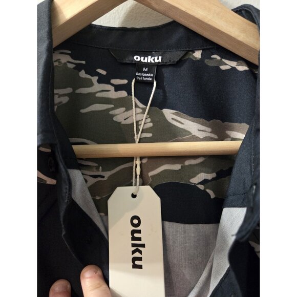 Ouku Men Shirt Long Sleeves Size Medium Black and Camo Collared New With Tag - Picture 2 of 8